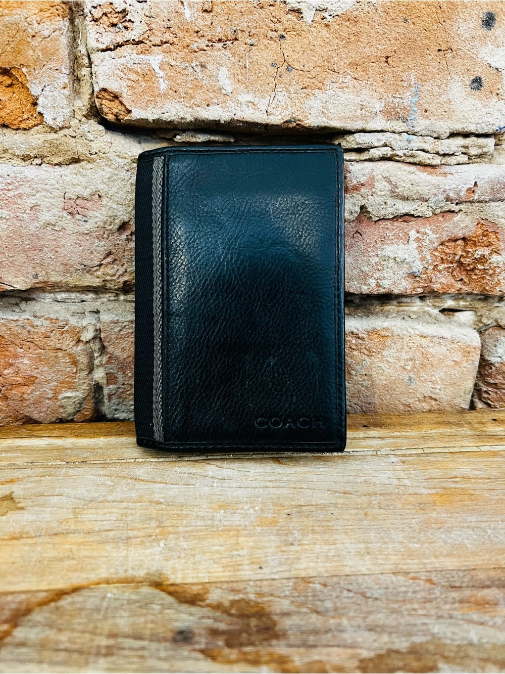 Coach Black Leather Trifold Wallet with Gray Trim